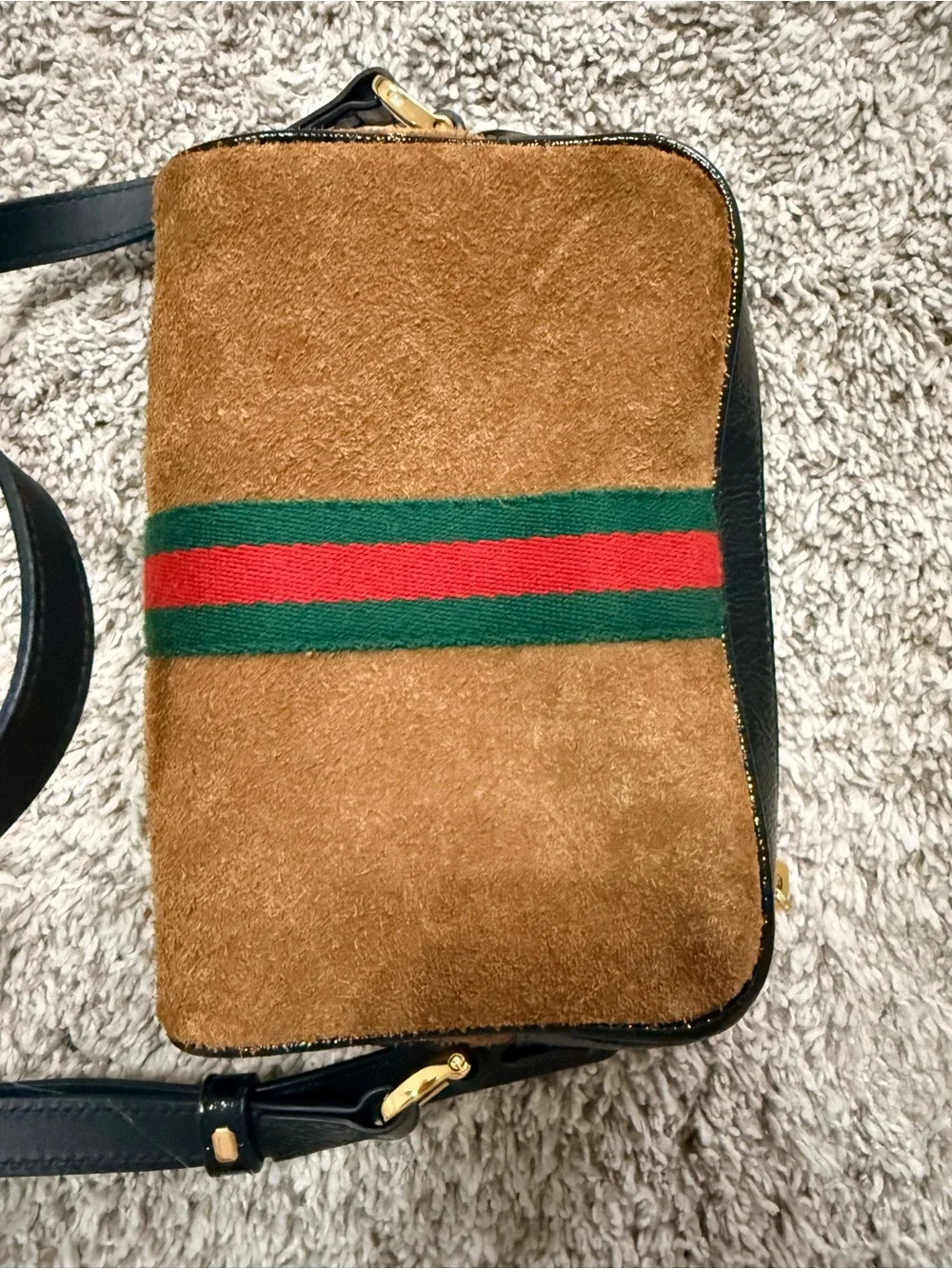 Gucci Ophidia Small Brown Suede Crossbody Camera Bag w/ Green-Red Stripe
